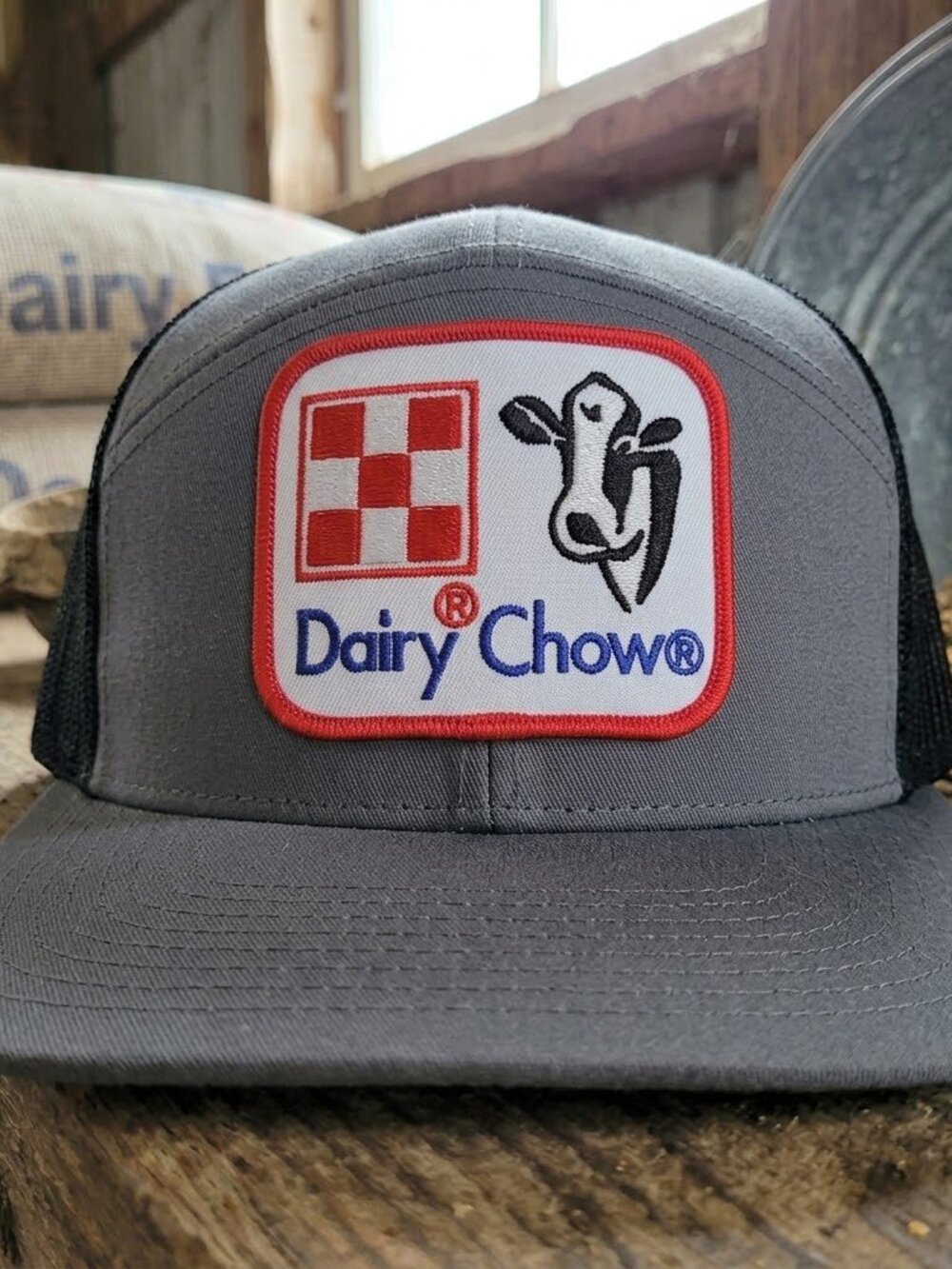 Retro Dairy Chow Hat Farm Feed Patch Richardson 7 Panel Flat Bill Grey Cap New